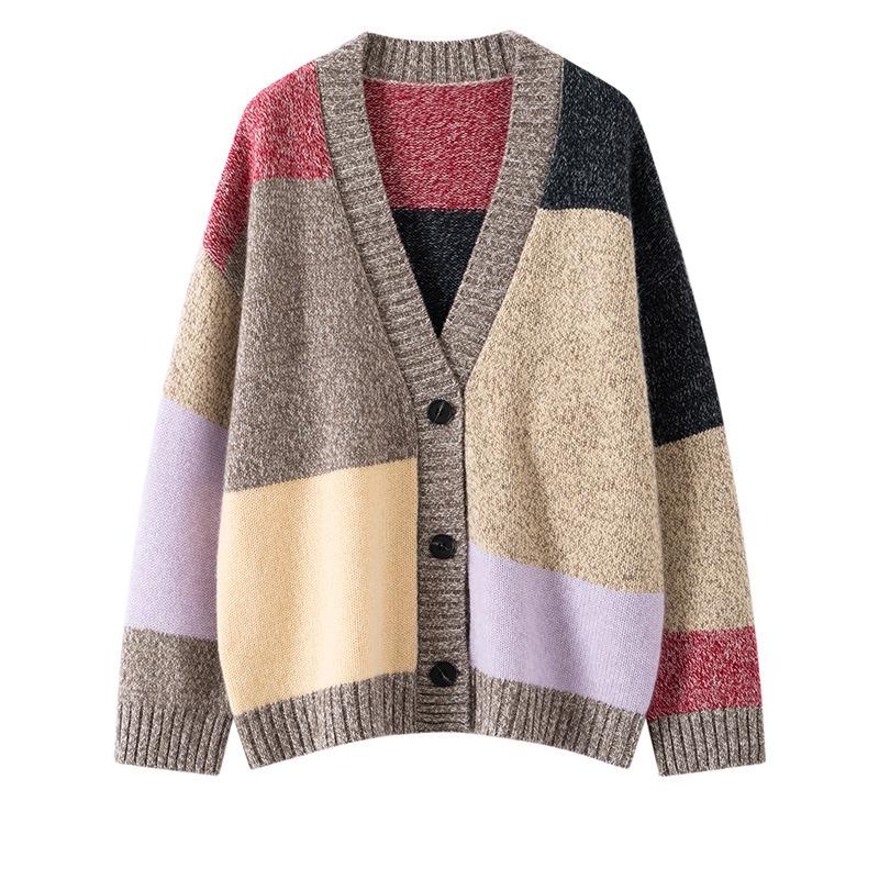 Women's Retro V-Neck Color Block Cashmere Cardigan - Plus Size Fall/Winter Knitwear