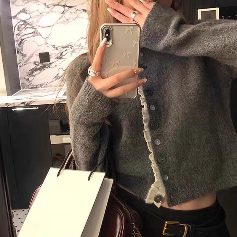 

Элегантный вязаный кардиган с длинными рукавами и кружевной вставкой, женский, для работы, универсальный, с оборками, модный, весенне-осенний, повседневный, простой, женская одежда One Size