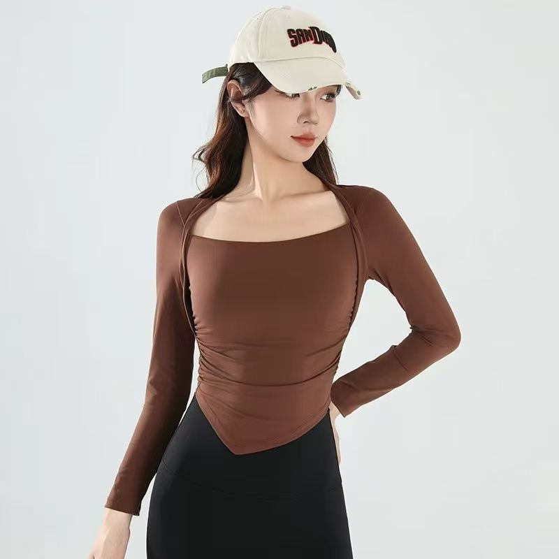 

Новое поступление Куртка для йоги Фантазийная имитация двух предметов Одежда для йоги Футболка с длинными рукавами Цельный топ со вкладышами Спорт Пилатес Фитнес CHESTNUT M(95-115)