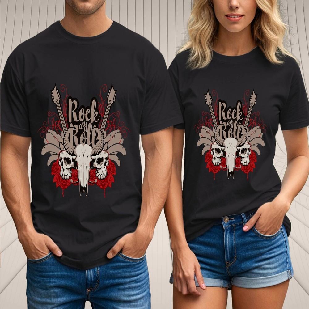 

Rock and Roll Skull T-Shirt – Guitars, Roses,and Horned Skull Graphic Design Tee L