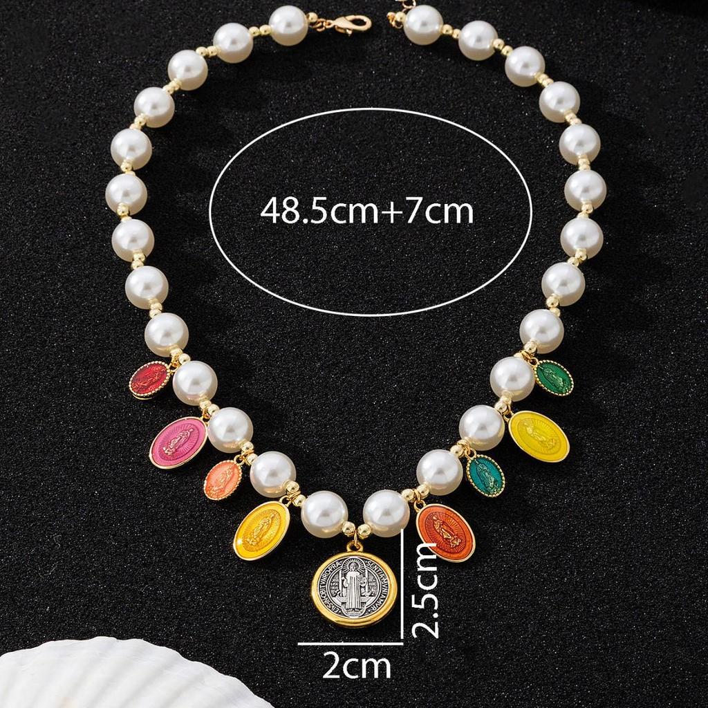 Vintage Religious Gold-Plated Pearl & Colorful Virgin Mary Pendant Necklace