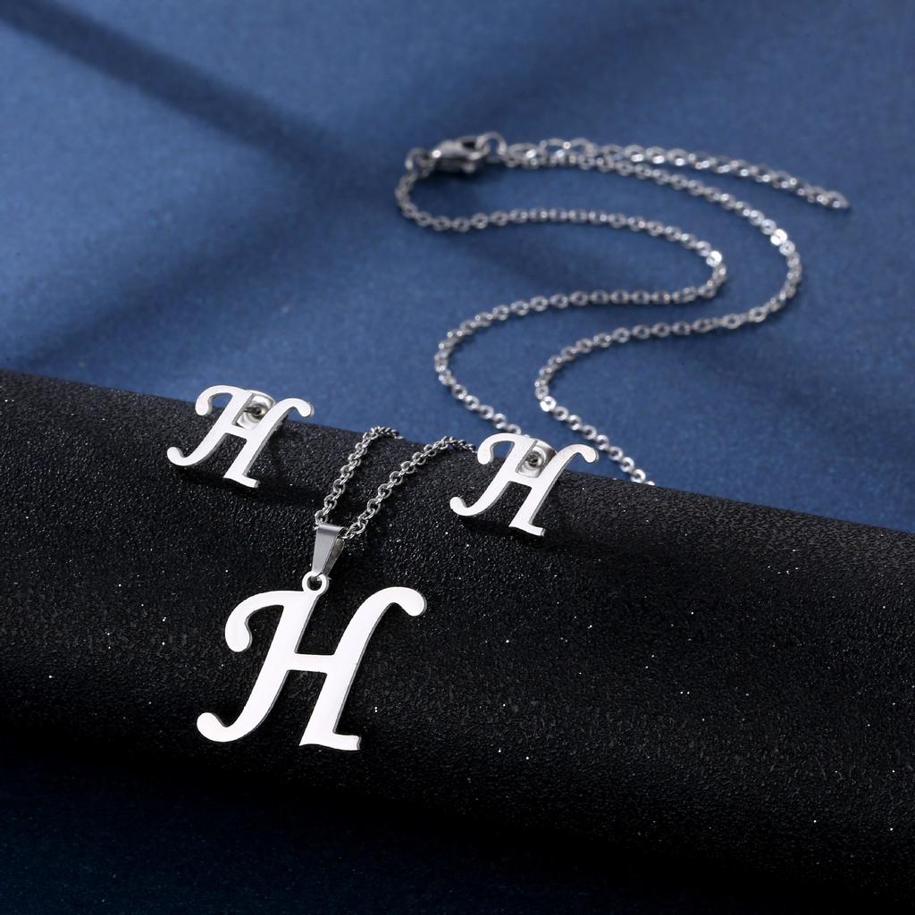 Fashion Alphabet Necklace And Earrings Set Shiny Colorfast Pendant Choker Jewelry