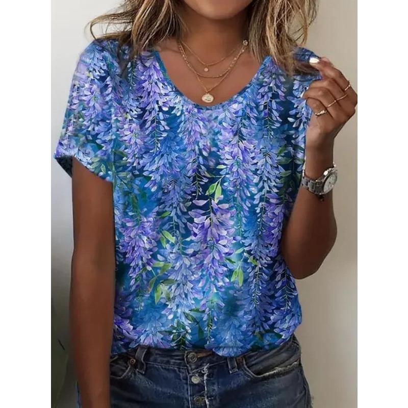 

Летний топ с V-образным вырезом и 3D-цветочным принтом, модные повседневные женские футболки с короткими рукавами XS