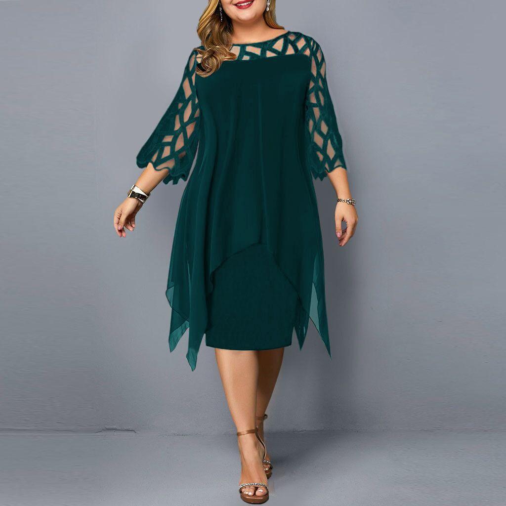 European and American Lace Splicing Seven-quarter Sleeves Irregular Hem Chiffon Dress, Spot