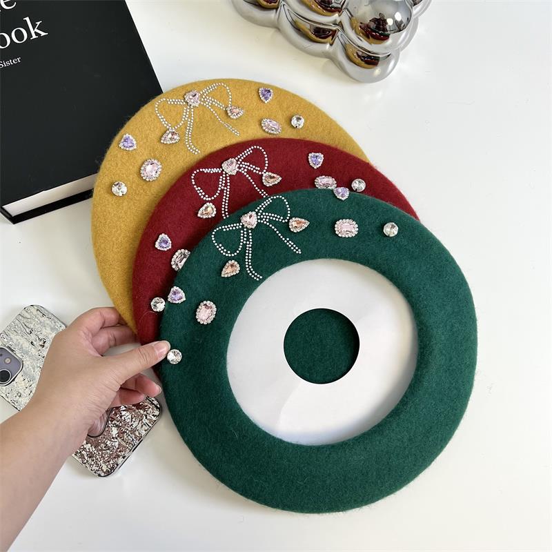 Sweet Girl Bow Beret Korean Style Big Head Woolen Hat Painter Hat Rhinestone Western-Style Fashion Octagonal Hat
