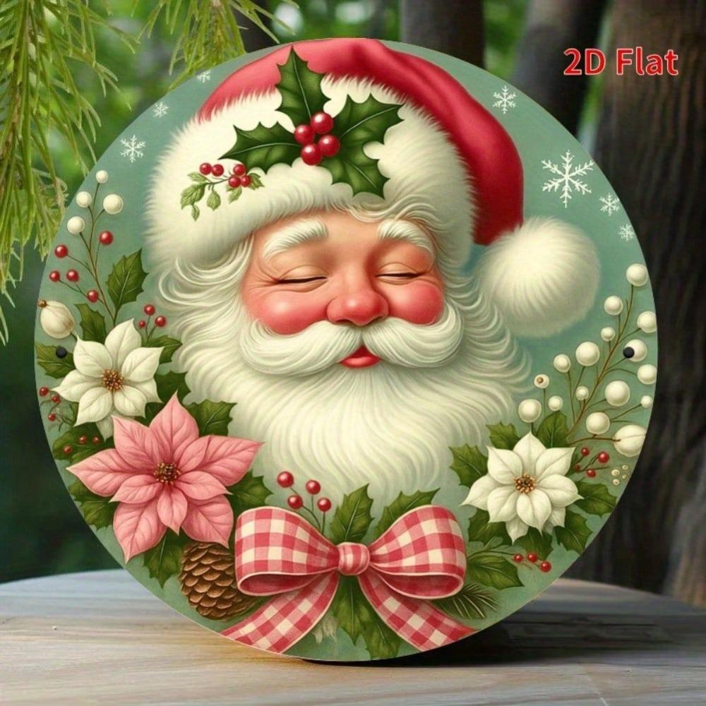 Christmas Santa Wreath Metal Wall Decor Red Bow Holly Poinsettia Round Iron Sign Farmhouse Garden Holiday Home Decoration