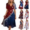 Damen Casual V-Ausschnitt Kurzarmkleid mit Unabhängigkeitstag Sterne und Streifen Print Wickelstil Midi-Kleid für den Sommer