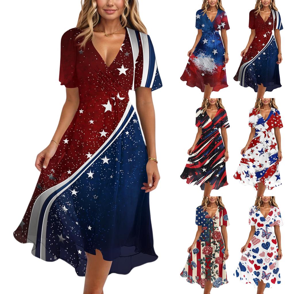 Women's Casual V Neck Short Sleeve Dress with Independence Day Stars and Stripes Print Wrap Style Midi Dress for Summer