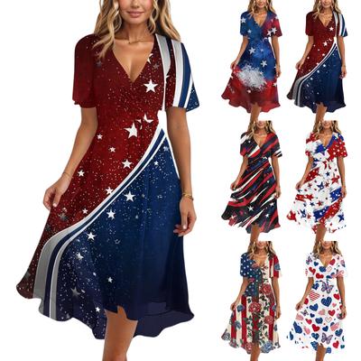 Casual V-hals Korte Mouw Jurk voor Dames met Onafhankelijkheidsdag Sterren en Strepen Print Wikkelstijl Midi Jurk voor de Zomer