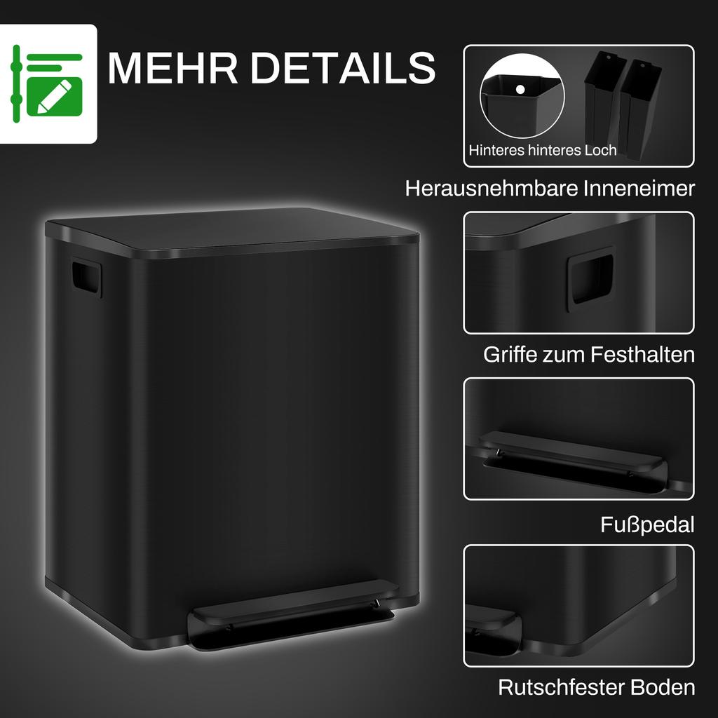 50L Dual Compartment Stainless Steel Bin, with Deodoriser Holders - Black