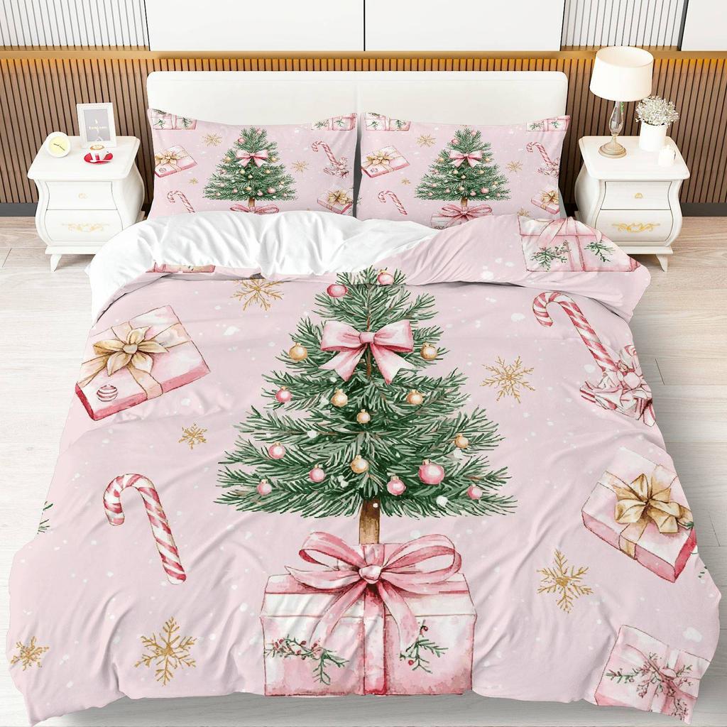3-teiliges Weihnachtsbaum- & Zuckerstangen-Bettbezug-Set - Weiches Rosa & Goldene Bettwäsche mit Reißverschluss, Ganzjährig Kuschelig Dekorativ