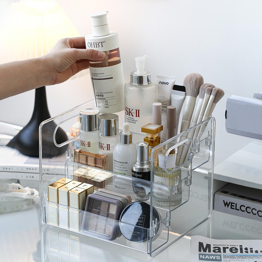 Transparent Portable Three Compartment Cosmetic Storage Box Desktop Dresser Large Capacity Skin Care Perfume Display Rack