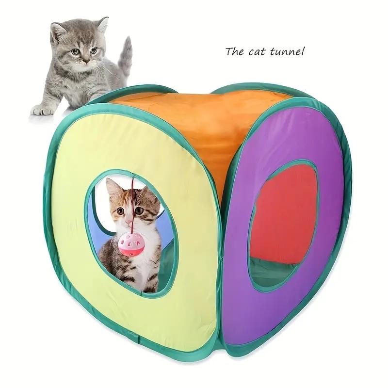 Foldable Rainbow Cat Square Tunnel Square Tunnel Toy Cats with Hanging Ball Pet Hideaway Playhouse Interactive Cat Cave
