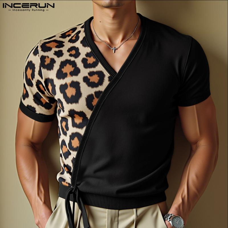 INCERUN Men V Neck Short Sleeve Leopard Patch Bow Knot Casual T-shirts