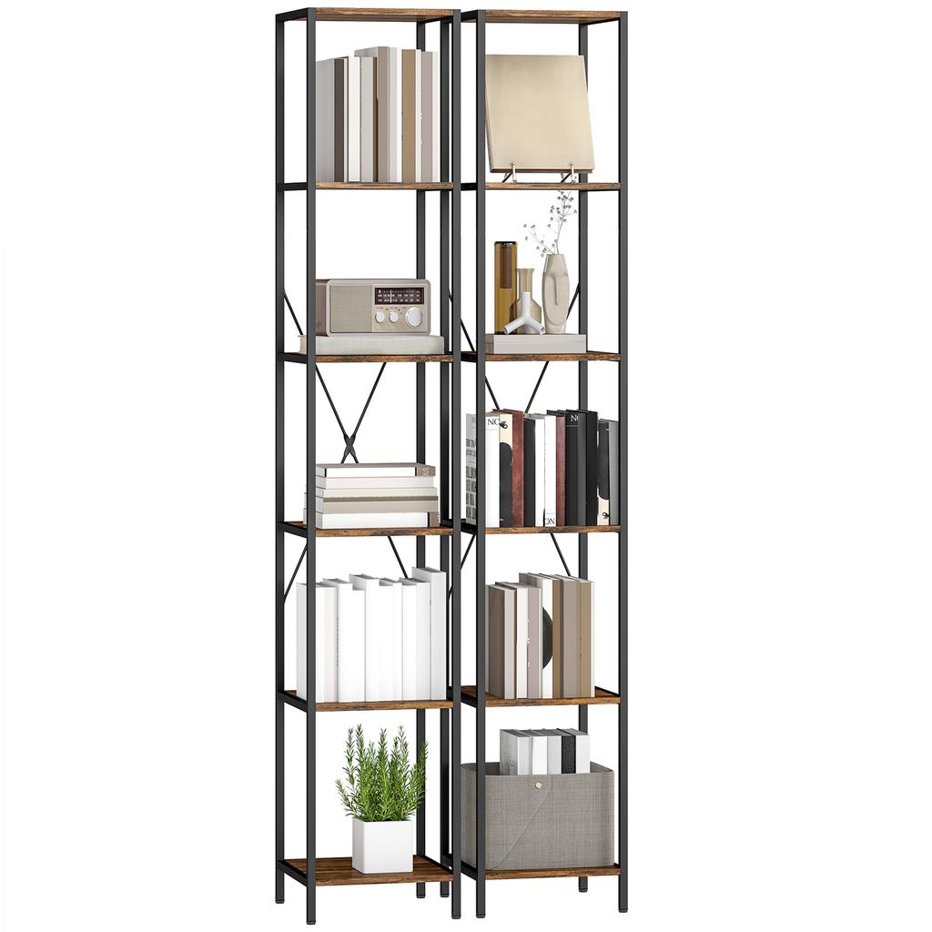Set of 2 6-Level Bookshelves, Steel Frame, for Living Room, Office, Bedroom, Rustic Brown