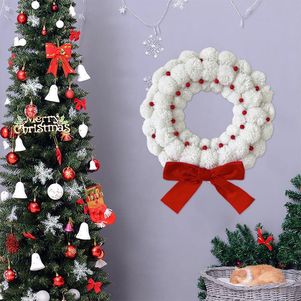 Festive Holiday Wreath Holiday Wreath White Fuzzy Pom Pom Ball Christmas Wreath with Bow Berries Festive Holiday Decor for Home