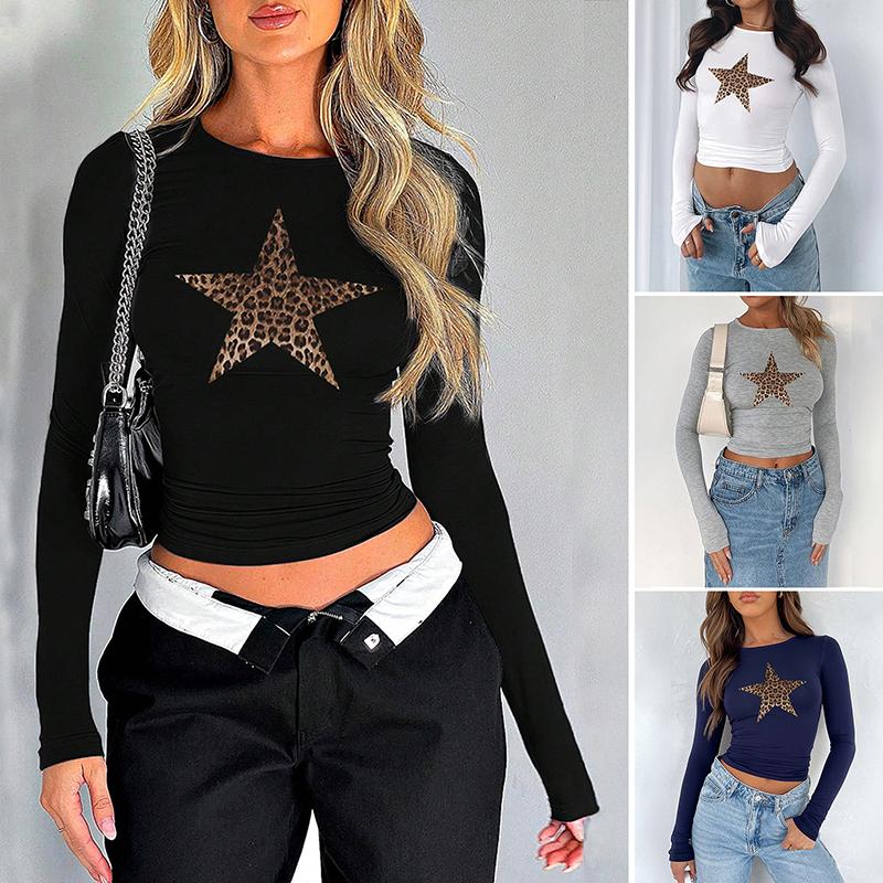 Y2K Ladies Autumn Winter Long Sleeve O Neck Leopard Star Printed Slim Fit Pullover T Shirt Crop Top
