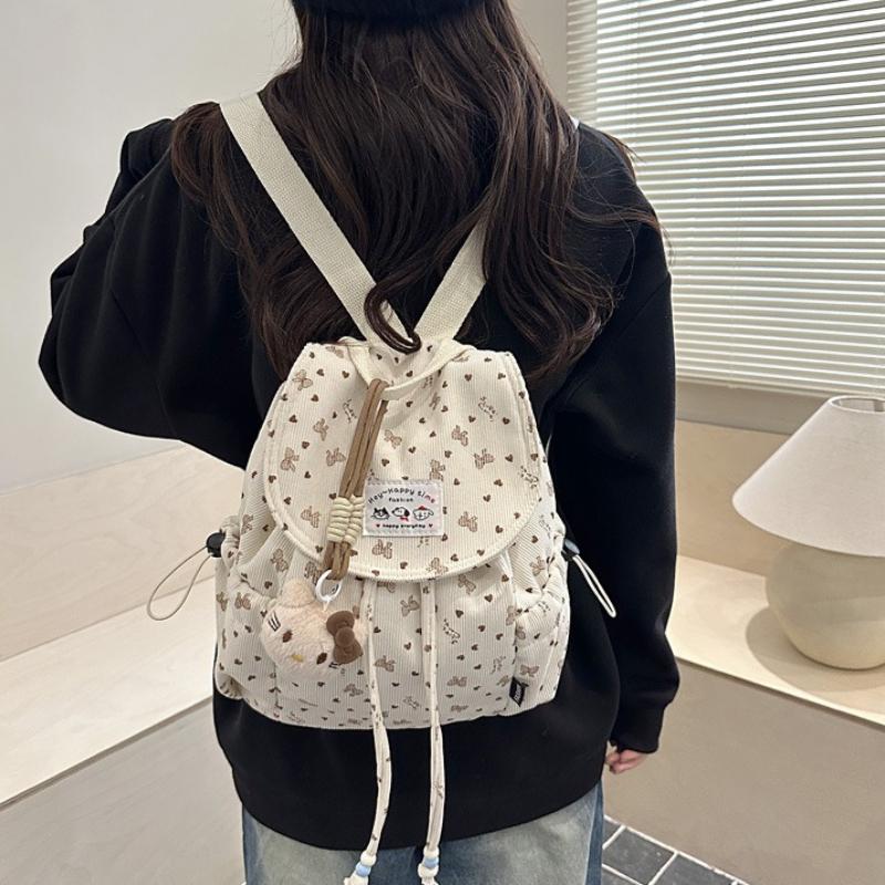Corduroy Backpacks for Women Cute Student Bag Lightweight Drawstring Korean Style Simple Bookbag Casual Stylish Commuting Bag