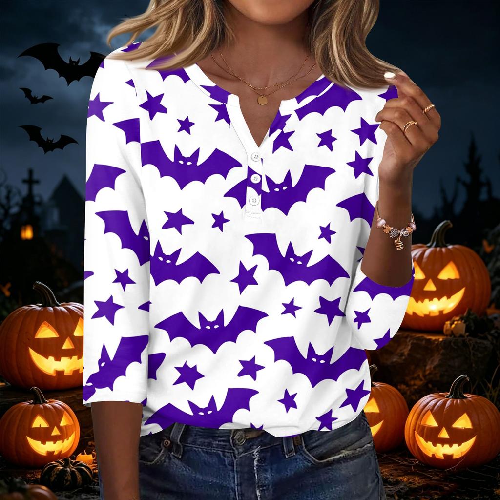 Women's Casual Halloween Print V Neck Button Front Three Quarter Sleeve T Shirt Top Lightweight Soft Fabric Comfortable Fit