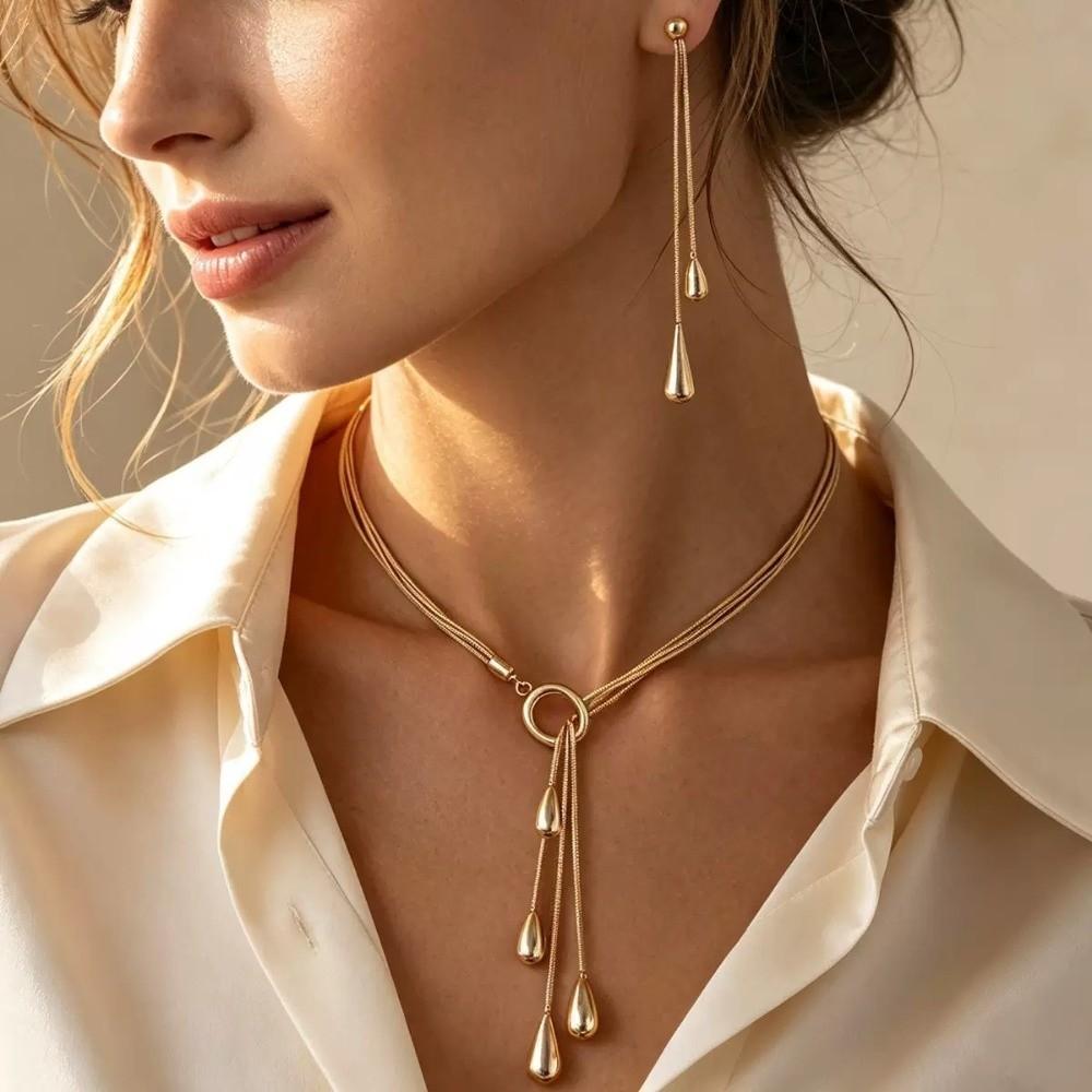 Smooth Surface Drop Tassel Necklace Thin Snake Chain Y Shape Necklace Party Gathering
