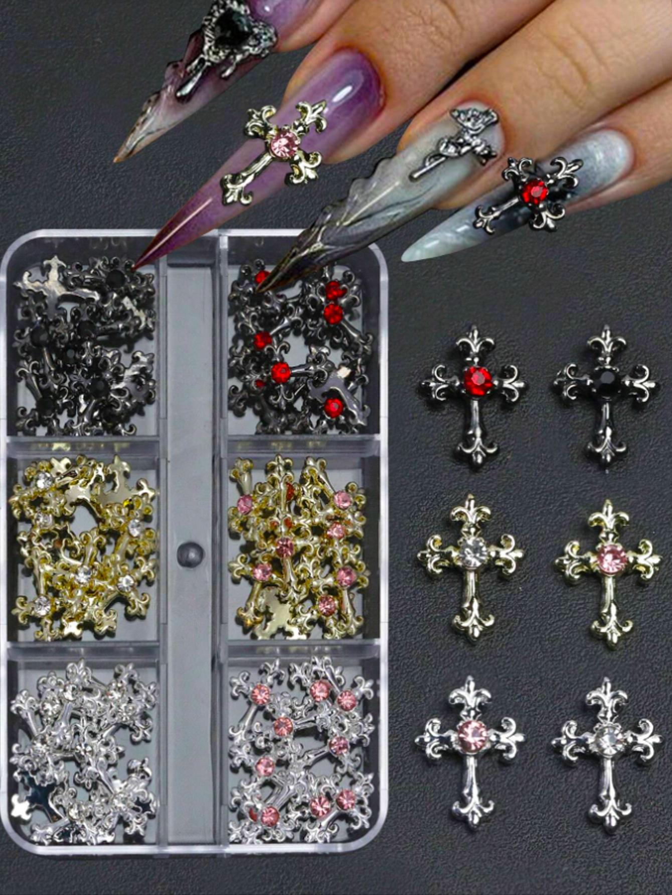 

60pcsY2K Gold, Silver And Black Cross Nail Decoration Set With Rhinestones Black, White, Pink, Red Rhinestones Alloy Nail Art