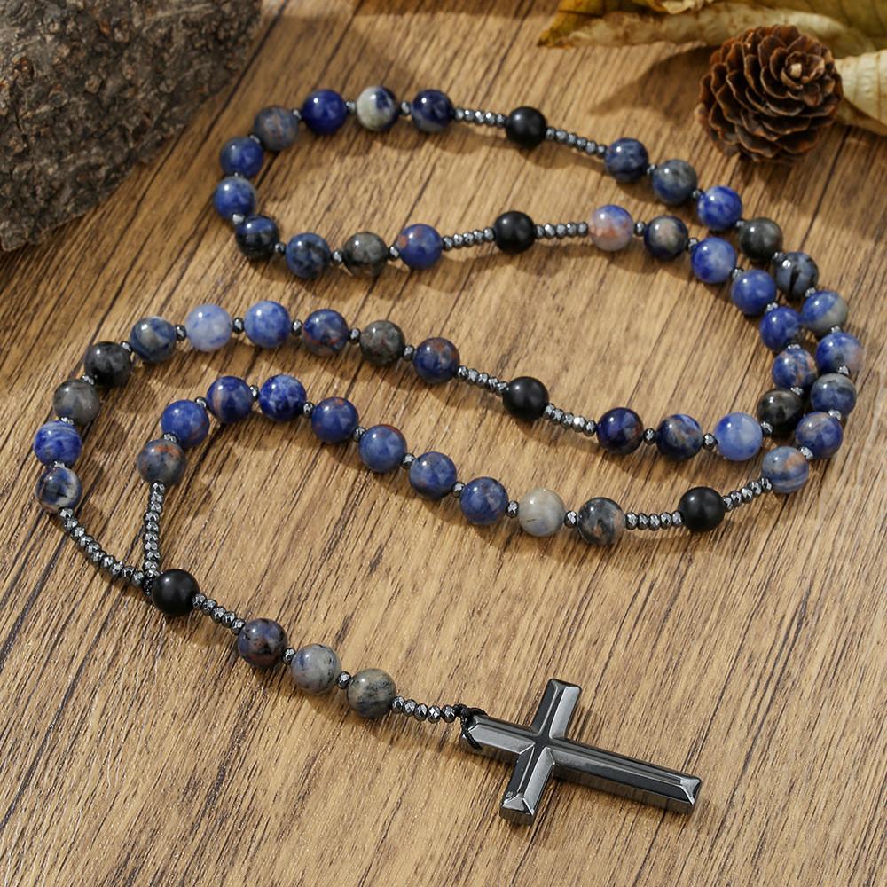 Natural Stone Black Agate Tigers Eye Cross Necklace For Men Hip Hop Jewelry