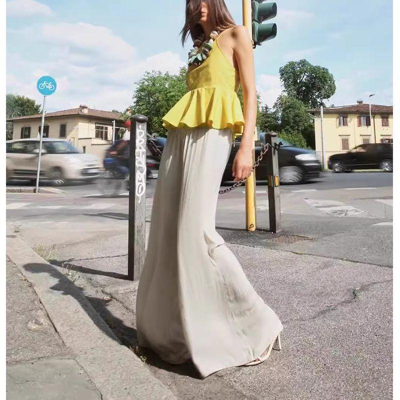 Spring/Summer New Women's Clothing Vacation Style Cotton Blended Poplin Hanging Collar Frill Vest Tops 3666089