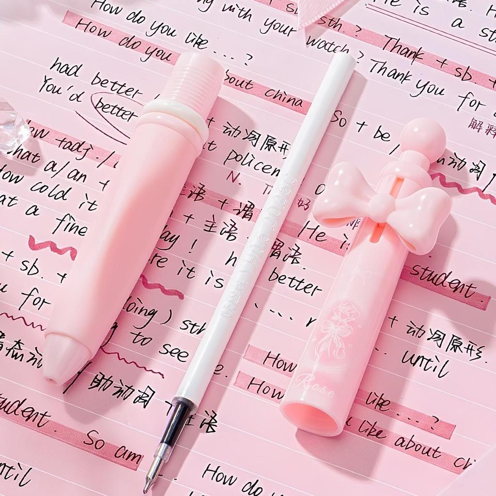 4pcs Lovely Flower Gel Pens Set, Pinch Grip Camellia Floral Pink Bowknot Star Dream Clip 0.5mm Black Color Ink for Writing