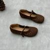Johnature Handmade Genuine Leather Hollowed Out Women's Flat Shoes Retro Round Toe Soft Cowhide Sandals