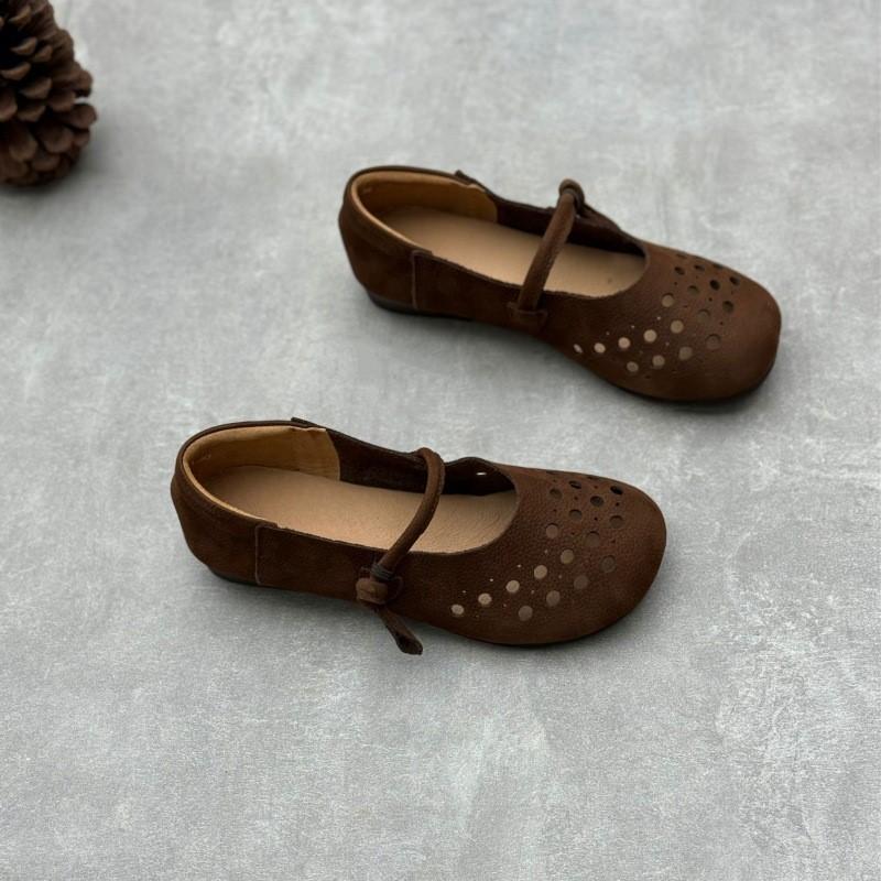 Johnature Handmade Genuine Leather Hollowed Out Women's Flat Shoes Retro Round Toe Soft Cowhide Sandals