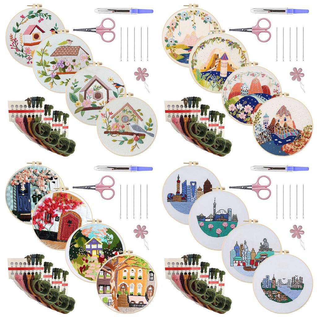 4 Pack Scenery DIY Stitches Kit with Embroidery Hoop Embroidery Stitches Practice Kit for Beginners Gift for Craft Lovers