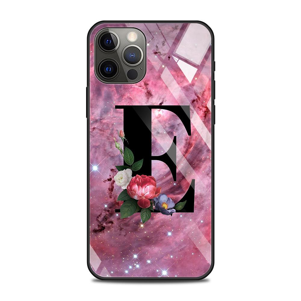 Tempered Glass Case For iPhone 14 12 11 Pro Max 13 12 Mini X XR XS Max 8 7 6s Plus Silicone Shell Letter A B Flowers Pink
