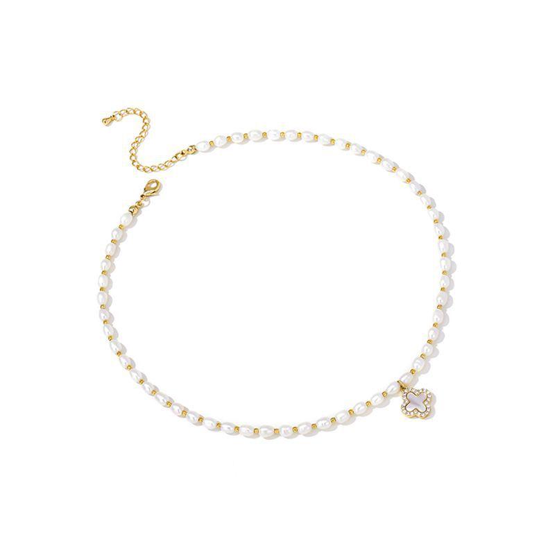 Rice Grain Freshwater Pearl Black And White Double Sided Lucky Grass Necklace Femininity Gold Bead Interval Clavicle Chain