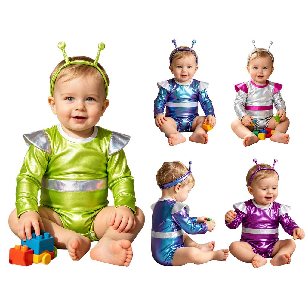Baby Mädchen Farbblock Außerirdischen Outfit Langarm Druckknopf Schritt Metallischer Strampler Fotografie Kostüm