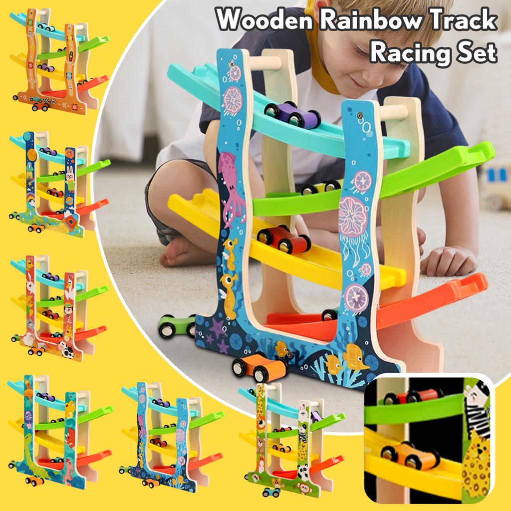 Wooden Track Racing Set - Glider Cars & -Your-Own Track For Toddlers