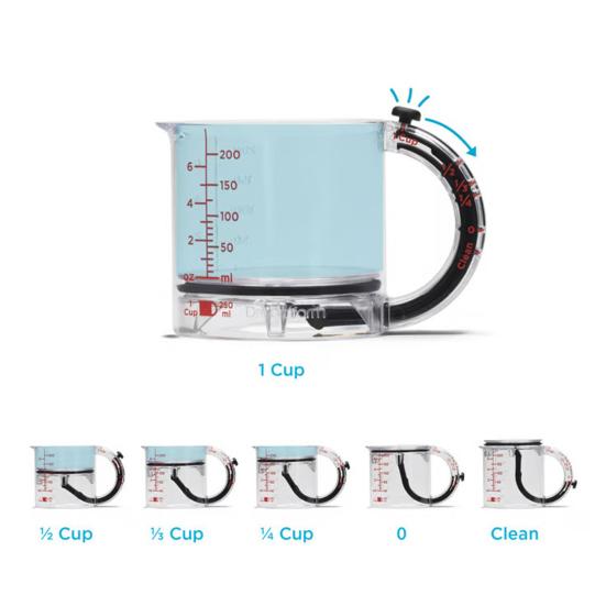4-in-1 Adjustable Measuring Mess-free Glass Cup Measuring Cup with Scraper Edges Multi-Functional Kitchen Essential for Baking Cooking