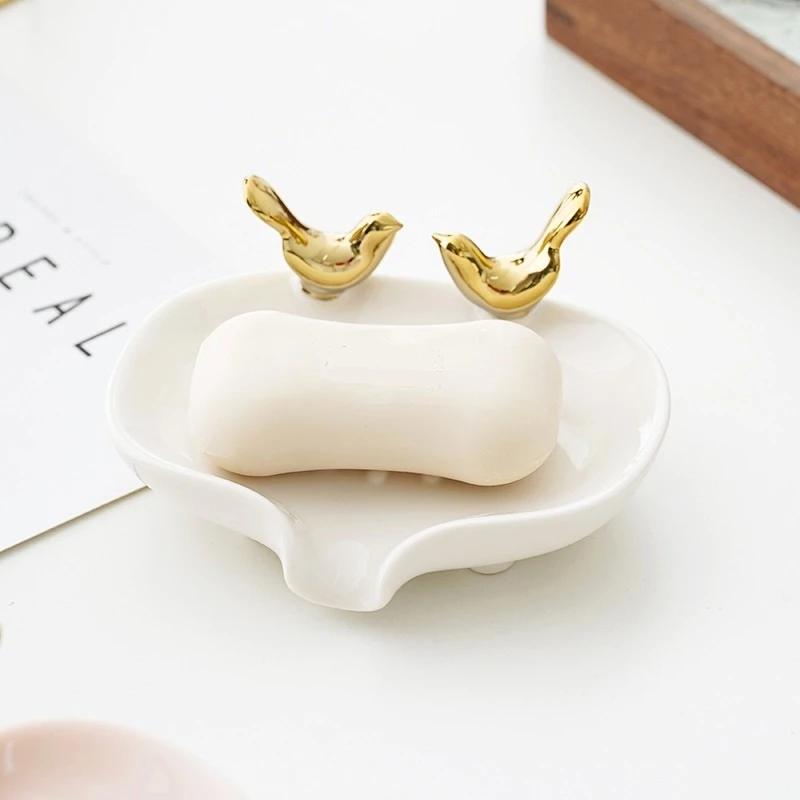 Porcelain Couple Bird Soap Dish Ornamental Ceramics Birdie Miniature Art Soap Dripper Holder Washroom Decor Craft Accessories