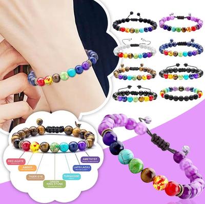 Lucky 7 Chakras Gemstone Crystal Evil Eye Bracelet Handmade Adjustable Hand of Fatima Bracelets for Women Men Quartzs Beads Bangles Ethnic Jewelry