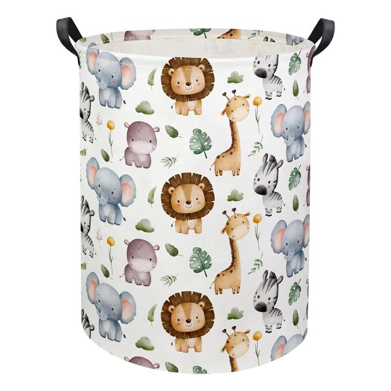 Cute Animal Pattern Laundry Hamper Foldable Waterproof Storage Basket Double Handle for Home Nursery Dirty Clothes Storage