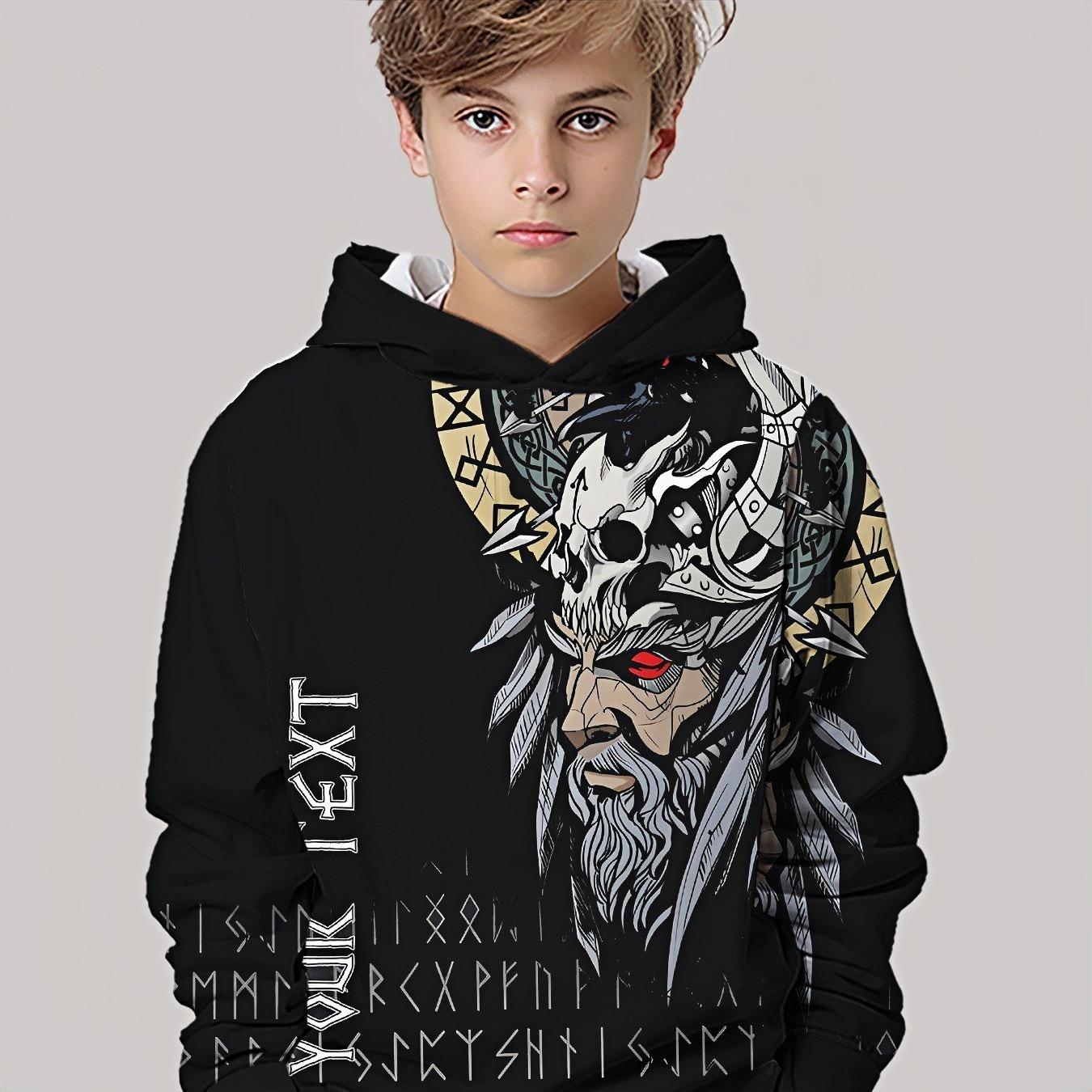 

Boys 3D Printed Nordic Mythical Hoodie - Black Viking Skull and Rune Pattern, High Quality Printing 13-14Y