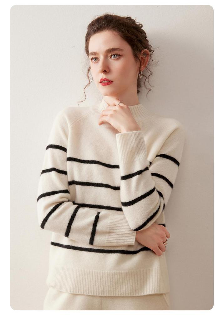 High-Neck Retro Black & White Striped Cashmere Sweater – Women's Long Sleeve Pullover for Autumn & Winter