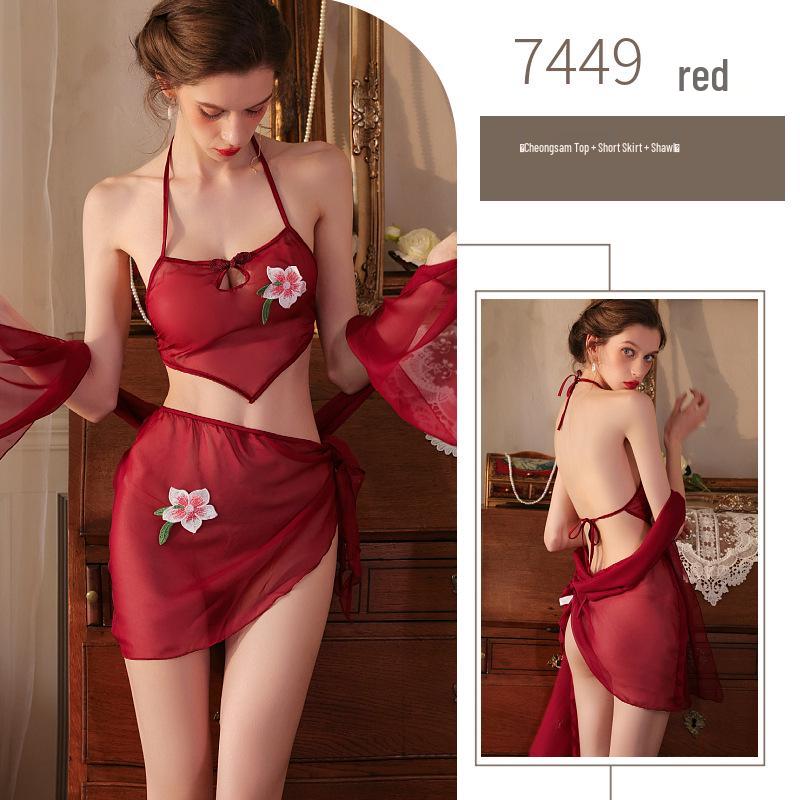 Seductive Hanfu-Inspired Sheer Lingerie Set: Erotic Three-Piece with Belly Band for Small Busts