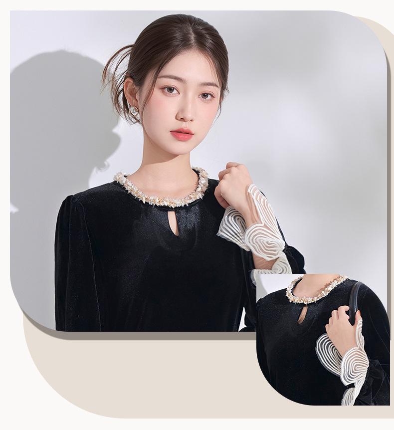 2026 Stylish Long-Sleeve Dress with Slimming Mid-Length Skirt and Chic Print for Moms