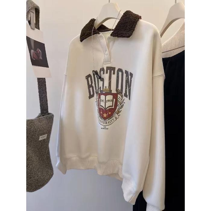 

Очень большой пуловер с лацканами, флисовая толстовка без капюшона для женщин на осень и зиму, свободного школьного стиля 4XL