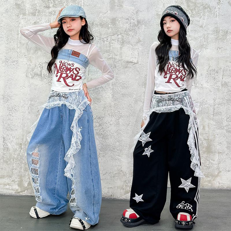 Kids' Street Dance Trendy Outfits: Color Block Hip Hop Tops & Denim Work Pants for Girls & Boys