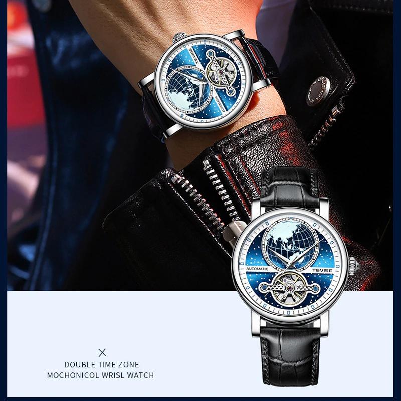 TEVISE Tourbillon Uhr Leuchtend Mechanisch Skelett Herren Armbanduhr Wasserdicht Echtes Leder Uhr