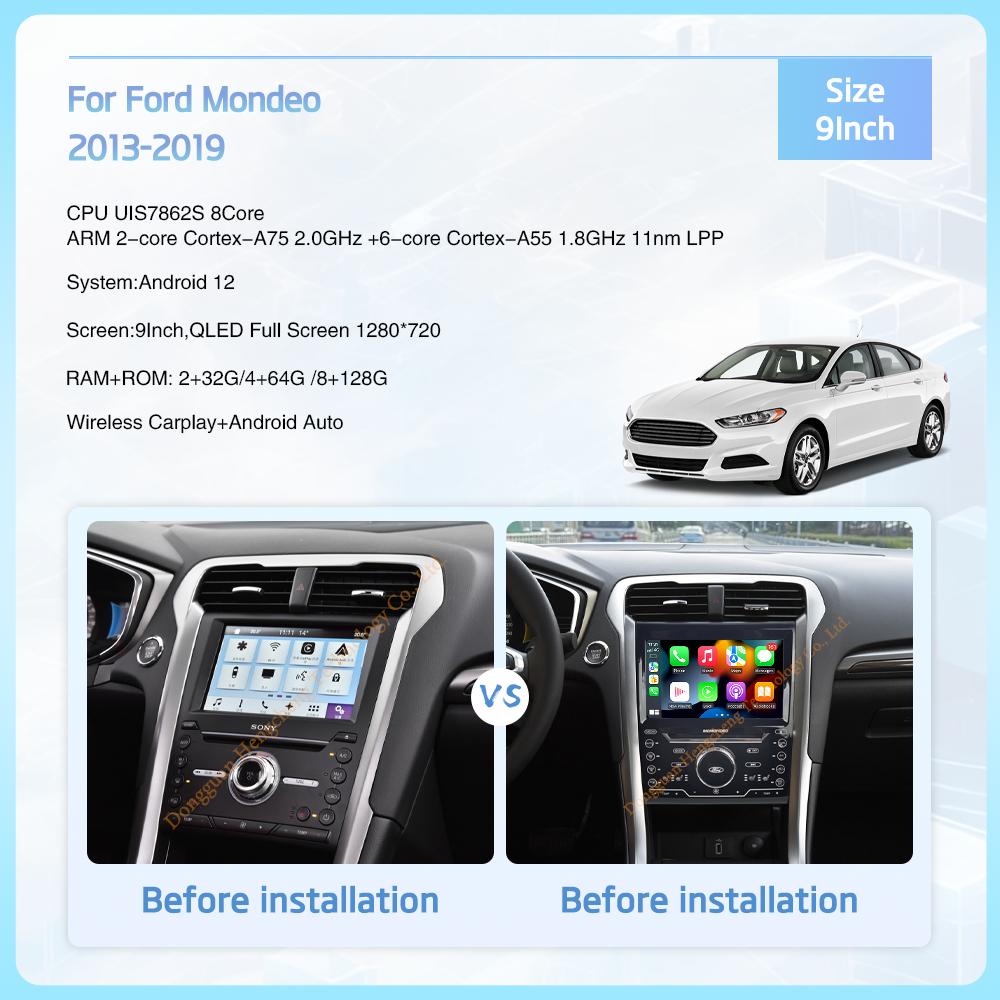9" Car Multimedia Video Player For Ford Mondeo 2013-2019 GPS Navigation Radio Android12 8+128G 8Core CarPlay 4G Host 360 Camera