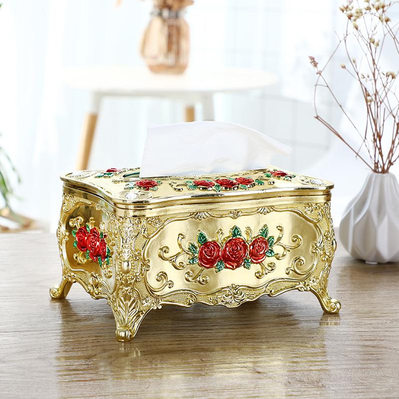European-style Tissue Box Living Room Desktop Tissue Box Retro LuxuryTissue Case Rose Patterned Napkin Holder Home Decoration