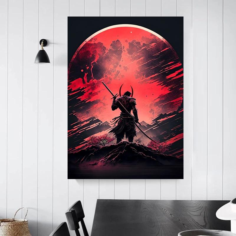 Poster Samurai Japonia Estetic Colorat Anime Dragon Soare Roșu cu Samurai Negru Pictură pe Pânză Artă de Perete Cameră Copii Decor Acasă