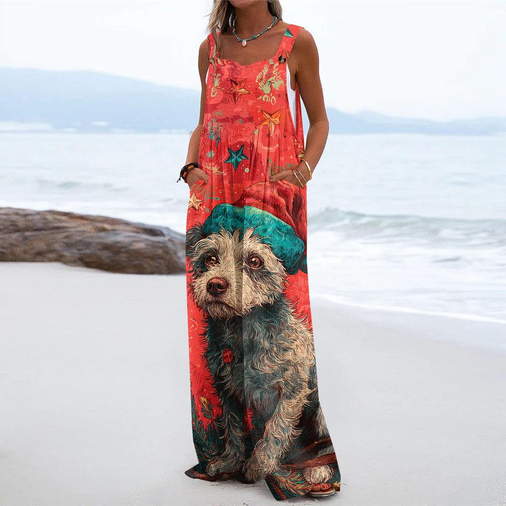 Women's Christmas Print Solid Wide Leg Strapless Tank Pocket Casual Onesie